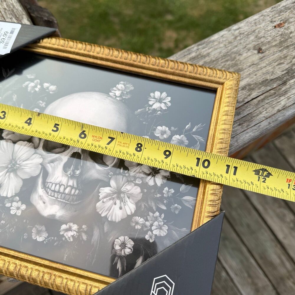 NEW Halloween Glass Framed Art Floral Skull Black and White 11x9in - Picture 3 of 5